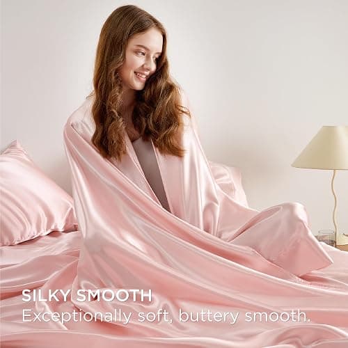 Bedsure Pink silk Sheets Queen Size - 4 Piece Silky Bedsheets with 15 Inches Deep Pocket Fitted Bedsheet,1 Flat Sheet, 2 Satin Pillowcases, Good for Hair & Skin (Queen, Peach Pink) thumbnail 3