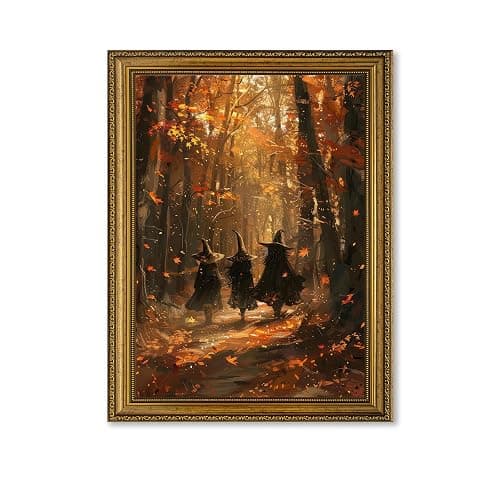 Halloween Vintage Gold Framed Canvas Wall Art, Autumn Forest Witch Wizards with Fall Leaves in Woodland, Easy to Hang Fade Resistant Print, Wall Decor for Bedroom Bathroom Living Room, 8x10 inches - Image 1