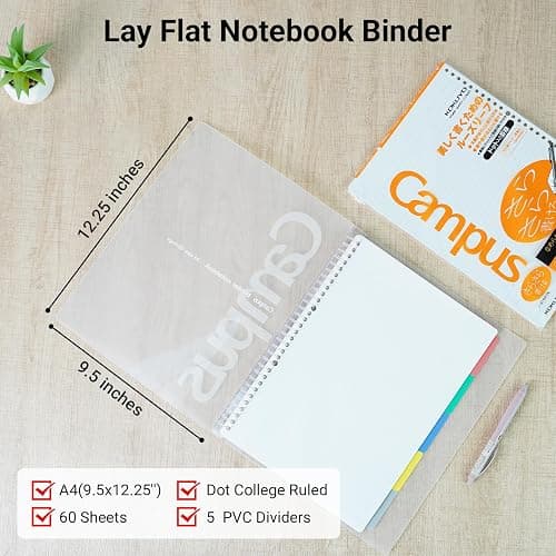 KOKUYO 5 Subject Spiral Notebook, Campus A4 Refillable Journal with 5 Tab Dividers, Up to 65 Sheet Capacity, 50 Sheets in 7mm Dotted Ruled Loose Leaf Paper, Pink thumbnail 2