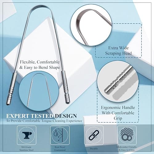 MasterMedi Tongue Scraper for Adults with Multicolor Travel Cases (2 Pack), 100% Stainless Steel, Reduce Bad Breath, Tongue Scrubber, Easy to Use, Tongue Cleaner for Oral Care & Hygiene thumbnail 3