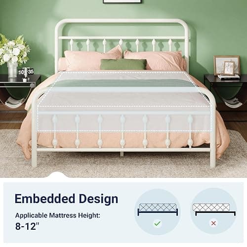 Allewie 14 Inches Queen Size Metal Platform Bed Frame with Victorian Style Iron-Art Headboard/Footboard, Mattress Foundation, Easy Assembly, Under Bed Storage, No Box Spring Required, Off White thumbnail 8