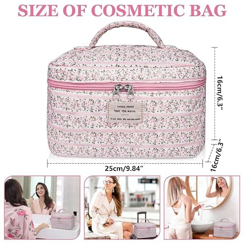 Gosect Large Makeup Bag, Cute Cosmetic Bag for Women Girls, Floral Coquette Aesthetic Toiletry Bag, Travel Make Up Organizer Bag(Small Pink Floral thumbnail 3