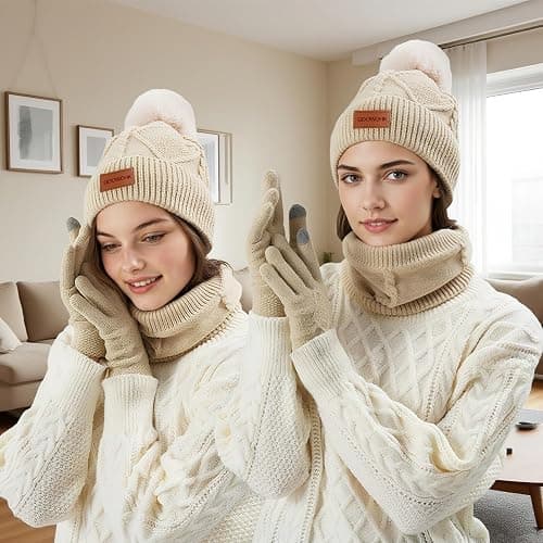 GDOWOHK Winter Hat Gloves Scarf Set, 5% Wool Warm Fleece Beanie, Knit Scarf, Touchscreen Gloves thumbnail 2