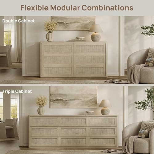 SICOTAS Dresser for Bedroom - 6 Drawer Dresser for Nursery 54" Wide Rattan Dressers & Chests of Drawers Boho Drawers for Bedroom Living Room Clothes Large Closet Storage for Closet Hallway Entryway thumbnail 6