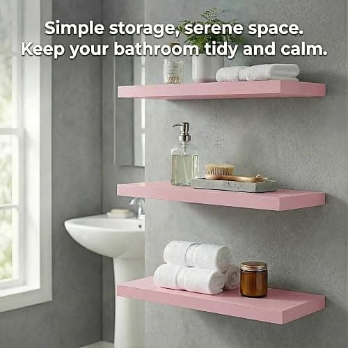 SAUMONIERES Floating Shelves Wall Shelf Solid Wood for Bathroom Bedroom Kitchen Set of 3, Pink Wall Shelves thumbnail 4