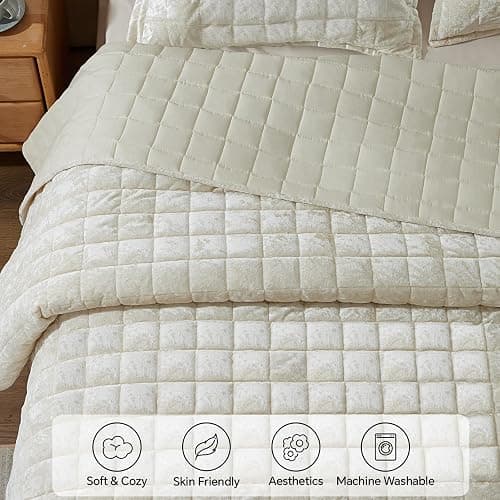 BEDELITE Velvet Quilt Set King Size - Luxury Velvet Comforter Bedding Set 3 Pieces, Lightweight Soft Cozy Shiny Cream White Oversized Bedspread Coverlet for All Seasons with 2 Pillow Shams thumbnail 5
