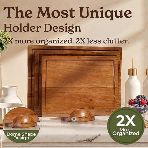 SMIRLY Wood Cutting Boards for Kitchen Wooden Chopping Board Set Reversible with Deep Juice Grooves Grip Handles, Large Charcuterie Tray, Ideal for Chopping Meat Vegetables Teak Wood, 3Pcs with Holder thumbnail 4