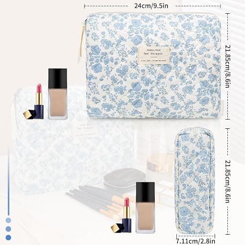 Floral Makeup Bag, Large Cosmetic Bag for Women Girls, Cute Cotton Make up Pouch, Quilted Makeup Bags, Flower Travel Toiletry Organizer Bag(Blue Floral) thumbnail 3