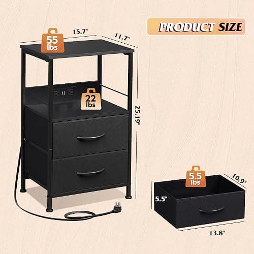 WLIVE LED Night Stand with Charging Station, Black Nightstand with 2 Fabric Drawers and Storage Shelf, Dorm Bedside Table End Table with 2 USB Ports and Outlets, Small Dresser for Bedroom thumbnail 3