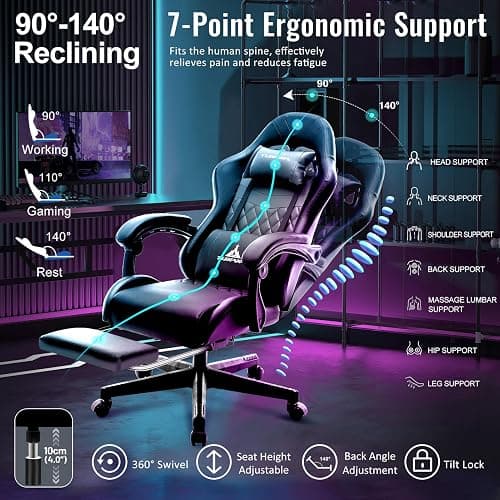 TUKAKA Gaming Chair,Ergonomic Massage Computer Office Desk Chair with Footrest,Pocket Spring Cushion,Reclining Leather Adjustable Gamer Chair with Headrest and Lumbar Support,Black thumbnail 6