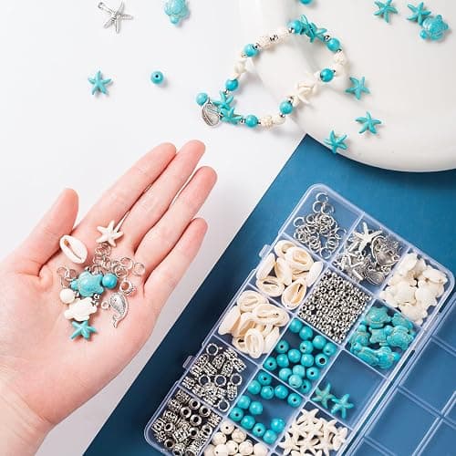 ToBeIT 325Pcs Turquoise Sea Turtle Beads Starfish Bead Blue White Tortoise Turtle Charms Summer Beach Animal Spacer Bead Shell Craft Beads for Jewelry Making DIY Bracelets Necklace Supplies thumbnail 2