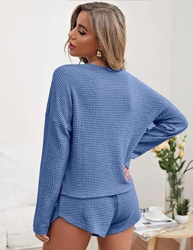 Ekouaer Womens Waffle Knit Pajama Sets Long Sleeve Top and Shorts Matching Lounge Set Sleepwear with Pockets thumbnail 5