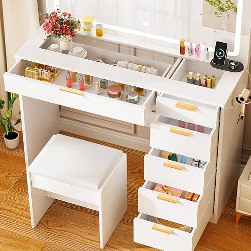ANWBROAD 39" Makeup Vanity Desk with Mirror and Lights with 6 Drawers and Charging Station Girls Vanity with Glass Top,3 Color Modes Adjustable,White for Bedroom UBDT79A thumbnail 5