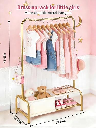 Atrastout Kids Clothing Rack-Portable Kids Clothing Rack with Storage Shelf - Toddler Garment Organizer for Baby Clothes, Dance Costumes, Girls Gift Ideas（Gold） thumbnail 3