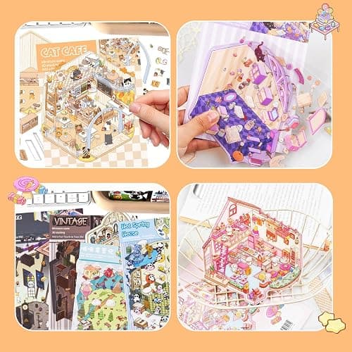 24 Sets 3D Scene Sticker Therapy Fun Cartoon Make Your Own Room Shop Scenes DIY House Stickers for Kids Cartoon Animal Relief Stress Own thumbnail 6