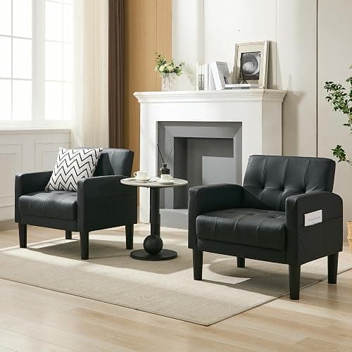 TYBOATLE Accent Chair Set of 2 Living Room Chairs Cozy Tufted Mid Century Modern Black Accent Chairs with Arms for Bedroom Comfy Reading Arm Chair Small Chairs for Small Spaces Office(2, Black) - 30.9inch-2 - Black thumbnail 4