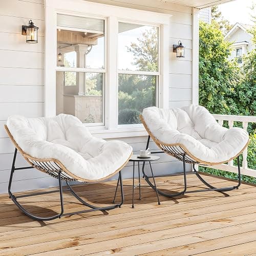 ONBRILL Outdoor Rocking Chairs, Oversized Papasan Rocking Chair Indoors with Padded Cushions, Rattan Wicker Lounge Chair for Living Room, Porch, Patio, Garden thumbnail 8