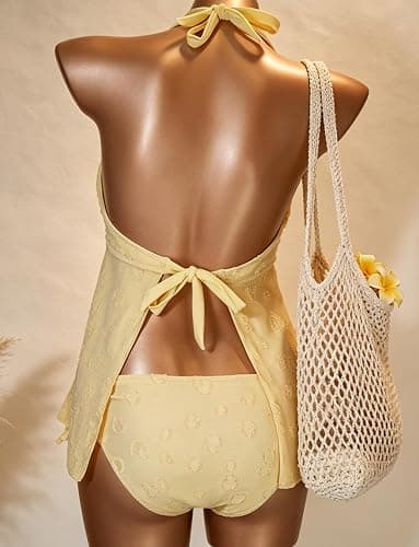 XZI Womens Tankini Swimsuits 2 Piece, Textured Jacquard Peplum Top, Adjustable Halter Bathing Suits, Mid-Low Bikini Bottoms thumbnail 3
