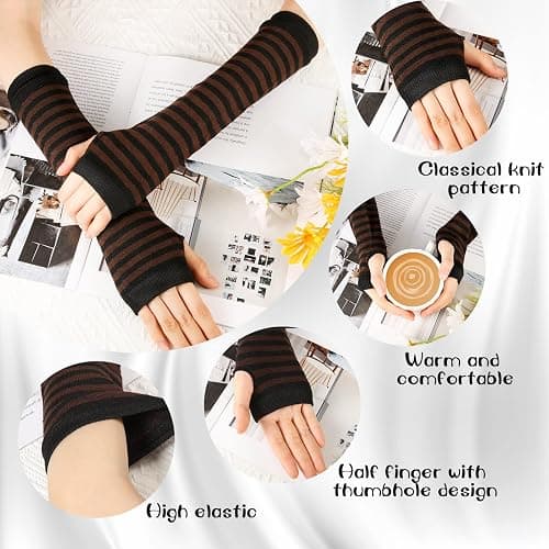 Foaincore 12 Pairs Striped Knit Arm Warmer Winter Knitted Long Fingerless Gloves Thumb Hole Stretchy Gloves Goth Knit Arm Sleeves for Women Costume Cosplay Accessories thumbnail 3