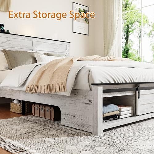 SAMTRA Wooden Full Size Bed Frame with Headboard, Boho White Farmhouse Storage Bedframe with Sliding Barn Door Footboard and Charging Station, Wood Slats, No Box Spring Needed thumbnail 4