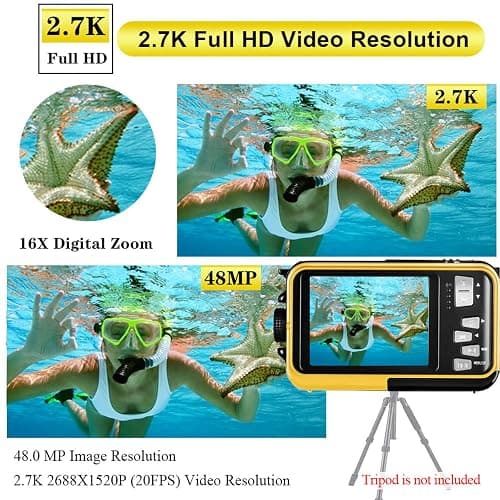 Waterproof Digital Camera Underwater Camera Full HD 2.7K 48 MP Video Recorder Selfie Dual Screens 16X Digital Zoom Flashlight Waterproof Camera for Snorkeling (Yellow) thumbnail 2