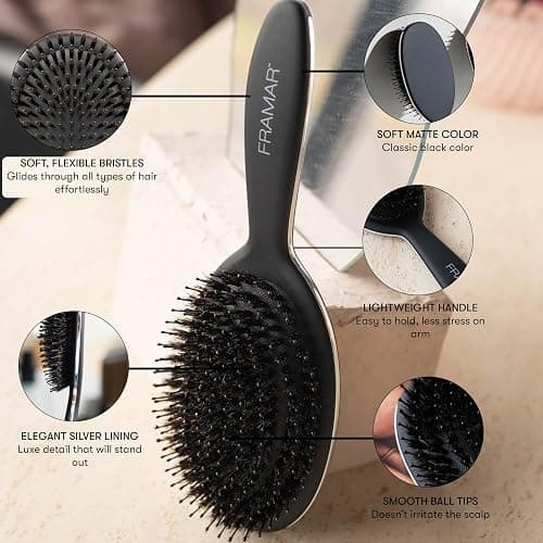 FRAMAR Soft Boar Bristle Hair Brush For Women – Boars Hair Brush For Women, Boar Brush For Fine Hair, Hairbrush For Fine Hair, Soft Bristle Brush For Slick Back, Volume and Shine - Black thumbnail 2