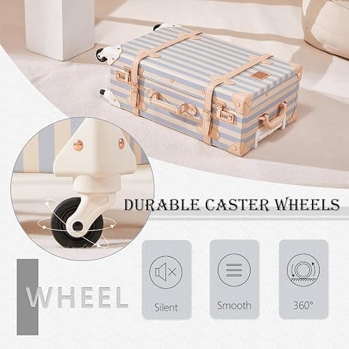 UNIWALKER Vintage Carry on Luggage Set, 2 Piece Retro Spinner Trunk Suitcase with Cosmetic Train Case for Women, 20"+12", Blue Strip thumbnail 7