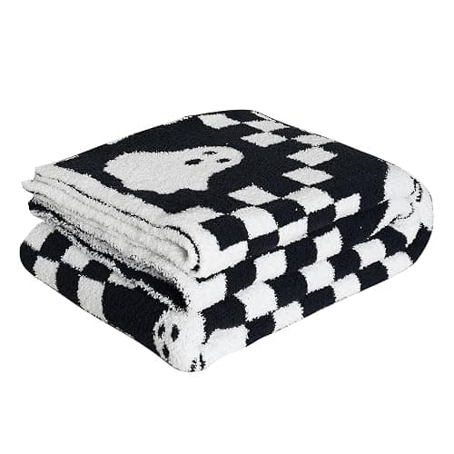 Ultra Soft Cozy Checkered Ghost Halloween Knitted Throw Blanket Fluffy Microfiber Checkerboard Bed Blanket Lightweight Both Sides Throw Blanket for Couch Sofa Bed 50"X60"Black¡ - Image 1