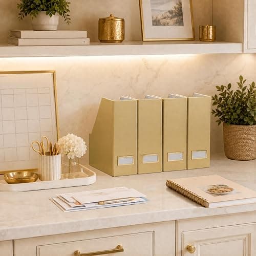 BLU MONACO | Gold Cardboard Magazine File Holder Set of 4 | Vertical Magazine File Holder for Shelves | Standing File Holder Desk Organizer thumbnail 5