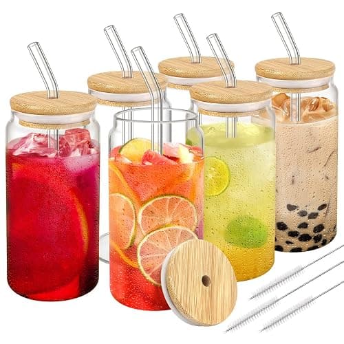 Glass Cup with Lids and Straw, 16oz Glasses Cups with Bamboo Lids and Straws Set of 6 Beer Glass Iced Coffee Glasses Cute Tumbler Cup for Fruit Juice, Smoothie, Boba Tea, Water - Image 1
