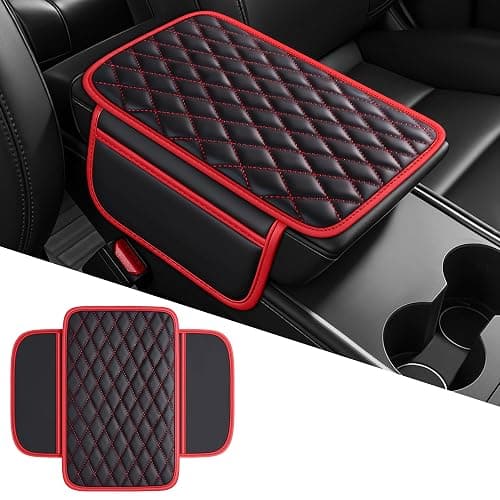 AuraSettle Waterproof Leather Car Center Console Pad with 2 Storage Bags, Auto Armrest Box Cover Protector, Comfortable Interior Accessories for Most Household Cars, Sedans & SUV (Black Red Stitch) thumbnail 2