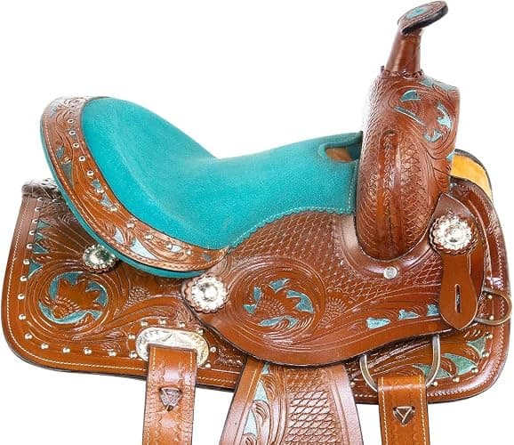 LEATHERRIDE Western Leather Barrel Saddle Floral Embossed Tooled Trail Rodeo Horse Saddle with Matching Headstall, Reins and Breast Collar thumbnail 4