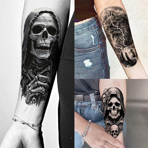 75 Sheets Skull Temporary Tattoos For Men Adults Forearm, Halloween Zeus God Lion Poseidon Half Arm Sleeve Tattoo For Women Jesus Christ Skeleton Dragon Owl, Realistic Fake Tattoo Stickers Wolf Tiger thumbnail 3