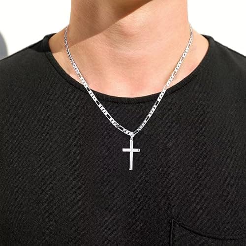 Ursteel S925 Sterling Silver Cross Pendant Cross Necklace for Men, Mens Cross Necklace 18K Gold Plated Silver Black Figaro Chain Necklace for Men Women 16 18 20 22 24 Inch Cross Necklace thumbnail 2