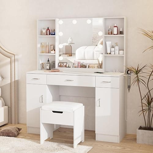 Halitaa Makeup Vanity Table with Lighted Mirror & Outlets, Large Vanity Set Vanity Desk with Lots Storage, 3 Lighting Modes, Brightness Adjustable, 45inch thumbnail 5