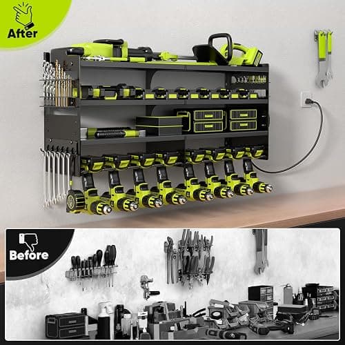 POKIPO Large Power Tool Organizer Wall Mount with Charging Station,4 Layer Heavy Duty Metal Tool Storage Rack Loads 600lbs with 8 Cordless Drill Holder,Battery Utility Rack Loads with 4 Power Strip thumbnail 7