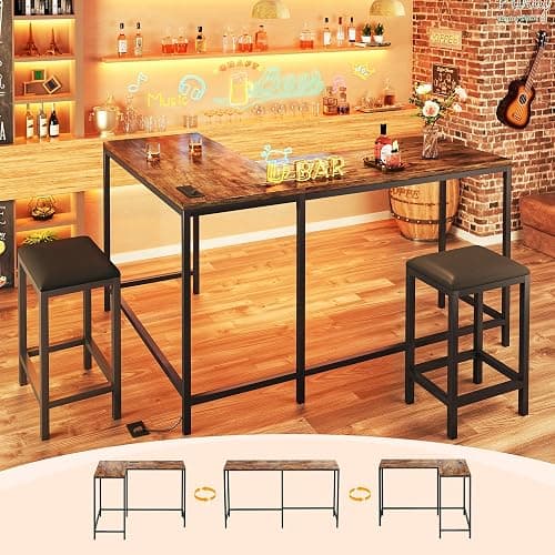 Bar Table and Chairs Set for 2-4, 63'' Convertible L-Shaped Kitchen Table with Power Outlets, 3 Piece Counter Height Small Dining Table with 2 Stools, Space Saving, Breakfast Nook Corner, Rustic Brown - Image 1