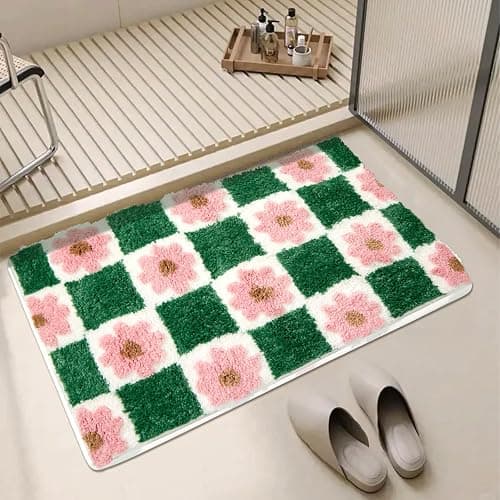ORTIGIA Cute Green Bathroom Rug Checkered Pink Floral Bath Mat Soft Microfiber Non Slip Washable Absorbent Rugs for Laundry Sink Floor Decor, 20x32 inch thumbnail 8