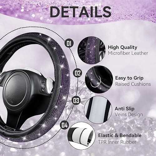 CAR PASS Bling Diamond Leather Steering Wheel Cover 14.5in-15in Floor Mats Shining Rhinestone Carpet Sparkly Glitter Crystal Anti-Slip Pad Fit Automotive SUV Pickup Truck Girl Women, 5pcs Black Purple thumbnail 6