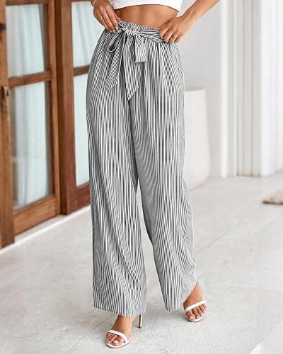 BTFBM Pants for Women 2026 Spring Clothes Striped High Waist Tie Knot Dressy Casual Wide Leg Palazzo Work Trousers Pants thumbnail 8