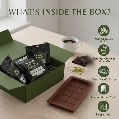 Dubai Chocolate Bar Kit Master Make at Home Set with Pistachio Cream, Tahini Mix, Dried Kataifi, Milk Choco Melting Wafers, Jumbo Bar Mold & Step-by-Step Guide – Unique Premium Gift for Dessert Lovers thumbnail 2