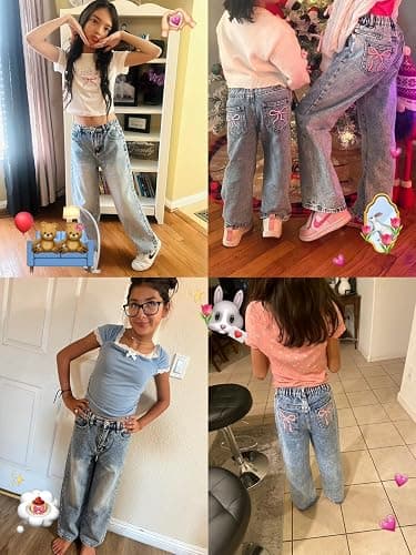 Fulihug Jeans for Girls Baggy Wide Leg Cute Bow High Elastic Waisted Denim Pants Y2K Boyfriend Skater Streetwear 7-14Y thumbnail 5