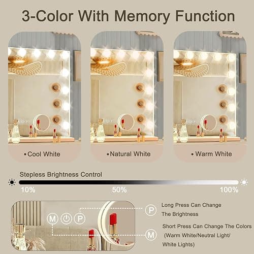 Ratsamee Hollywood Vanity Mirror with Lights, 15 Dimmable Bulbs, 3 Color Lights,Make Up Lighted Mirror, Aluminum Metal Frame, USB Charging Port（23" x 18"） thumbnail 4