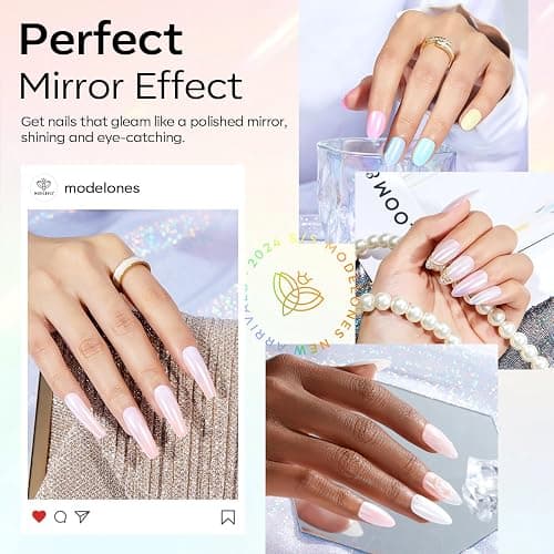 Modelones Chrome Nail Powder Set -4 Pearl Effect Pigment White Silver Chrome Powders for Gel Nails, with 1Pcs Silicone Nail Brushl, 4Pcs Cotton Swabs and 4Pcs Color Display Sticks thumbnail 2