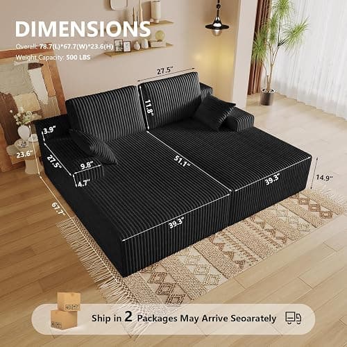 Oversized 80" Double Chaise Lounge Chair Futon Sofa Bed Boneless Cloud Couch Sleeper Sofa, Flannel Upholstered Floor Sofa Modular Sectional Loveseat with 2 Throw Pillow & Backrest Pillow, Black thumbnail 9