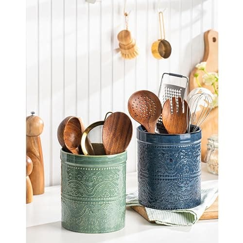 MIKIGEY Kitchen Utensil Holder, 7 Inches Large Ceramic Utensil Holder for Countertop, Lace Emboss Cooking Utensil Crocks for Kitchen, Home Decor, Reactive Blue thumbnail 5