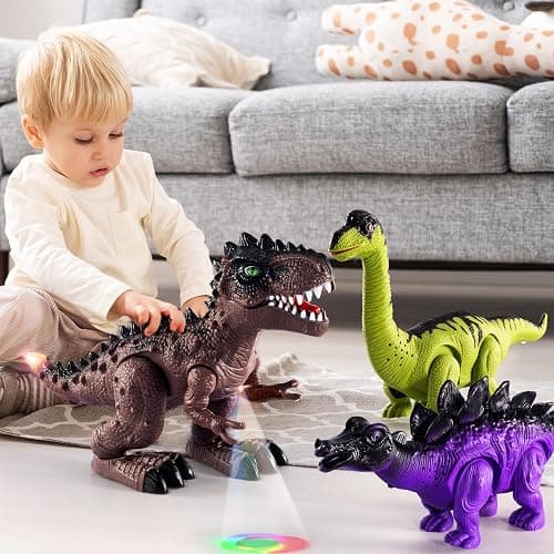TEMI 3 Pack Electrical Walking Dinosaur Toys for Toddlers 2-4 3-5 Years with Sound and Light Up, Toddler Robot Dinosaur, Brachiosaurus, Stegosaurus Dinosaur Figures for Kids thumbnail 2