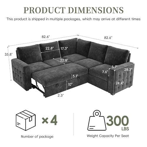 86" Sectional Sleeper Sofa Bed, Sleeper Couch with Pull out Bed, L Shaped Couch with Storage, Modular Sectional Sofa， Sectional Couches for Living Room&Apartment, Convertible Sofas, Gray Couches thumbnail 3