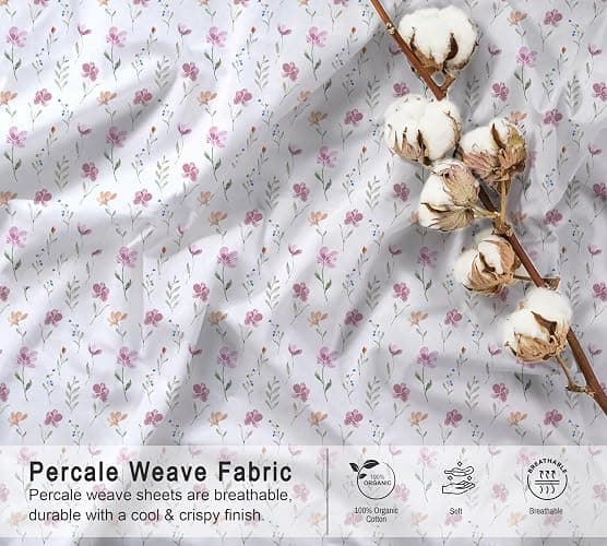 RUVANTI 100% Organic Cotton Sheets - Queen Sheet Set - 4 Piece Percale Weave Bedding, Crisp, Cooling & Breathable, Soft & Durable, 16" Deep Pocket, Hotel Quality Sábanas - Obsessed Stems thumbnail 4