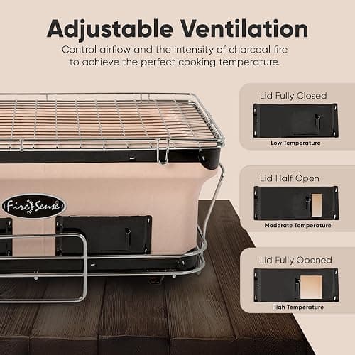 Fire Sense 60450 Yakatori Internal Grates Charcoal Chrome Cooking Grill Japanese Table BBQ Handmade Using Clay Adjustable Ventilation For Outdoor Barbecues Camping Traveling - Large - Tan thumbnail 4